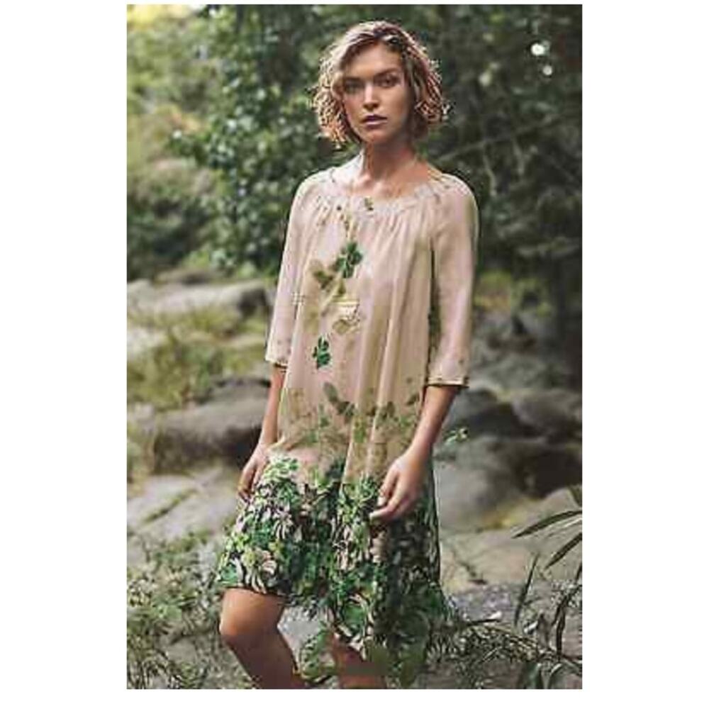 Anthropologie Beige and Green Floral Midi Dress